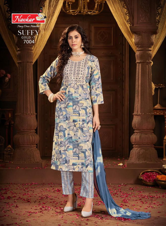 Suffy Gold 7 By Navkar Rayon Foil Printed Kurti With Bottom Dupatta Wholesale Shop In Surat
